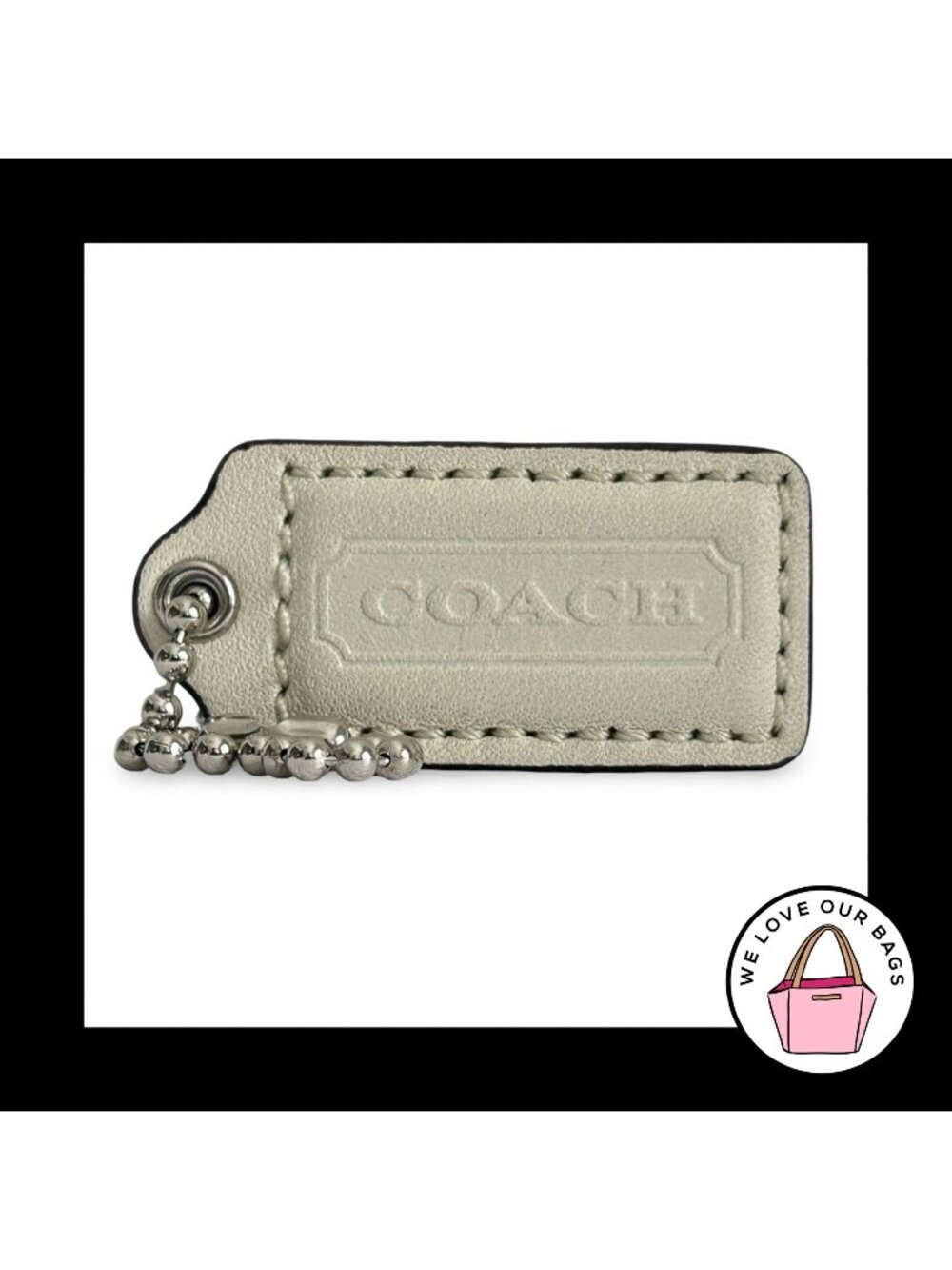 COACH HANG TAG 2" Cream Bone Off White Leather Bag Charm Keychain Fob Nickel